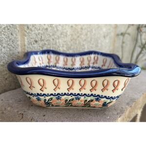 Unikat Polish Pottery Square Bowl Pink Ribbon Motif 6.5"